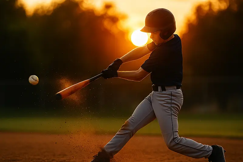 player development young player hits baseball at sunset at practice focusing on development over games